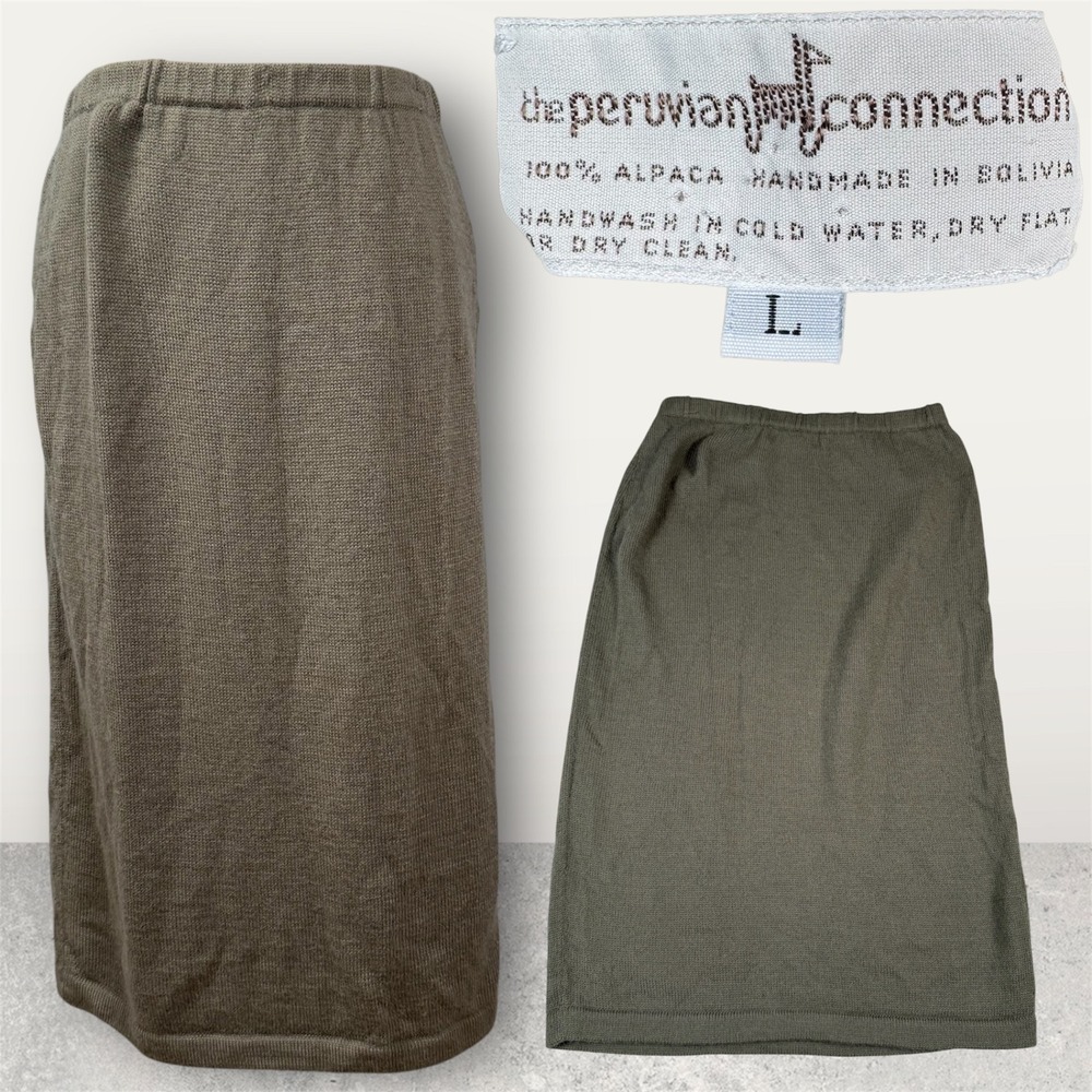 Peruvian Connection L Alpaca Wool Knit Pencil Skirt Olive Green Bolivia Neutral